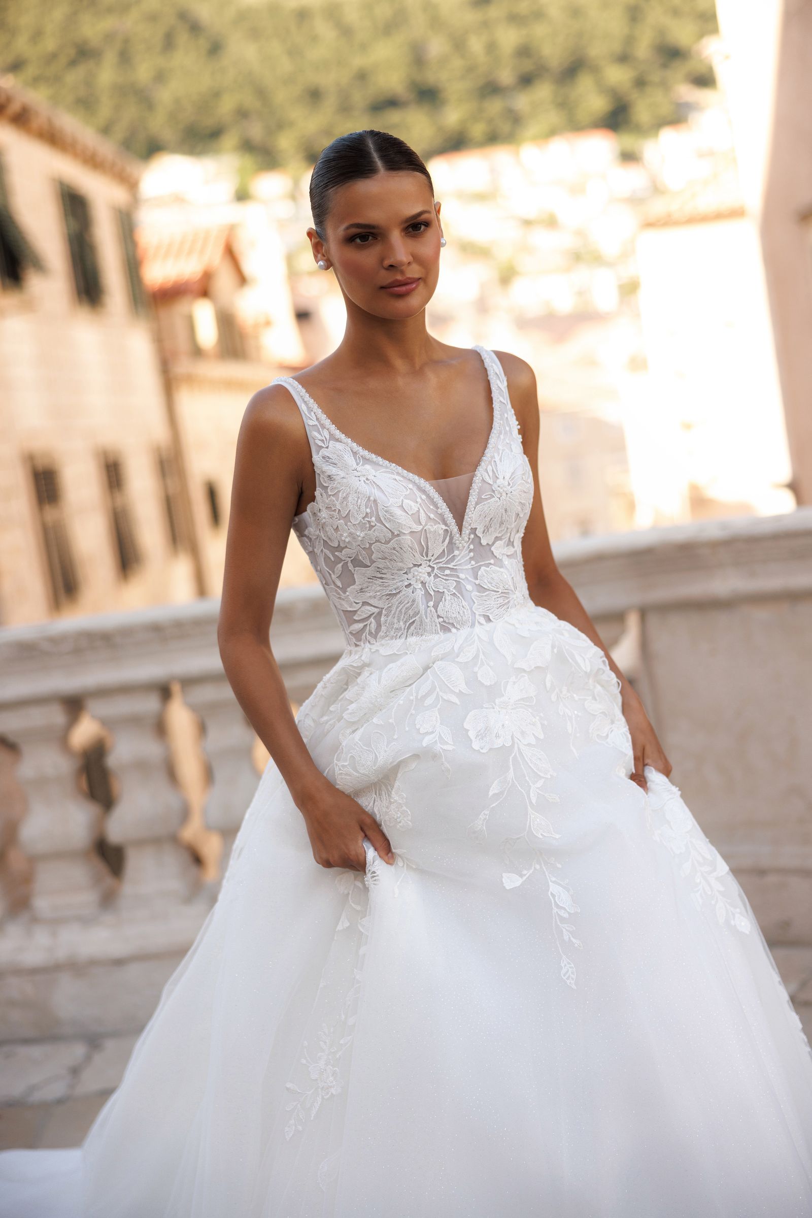 Aria wedding dress, front detail view