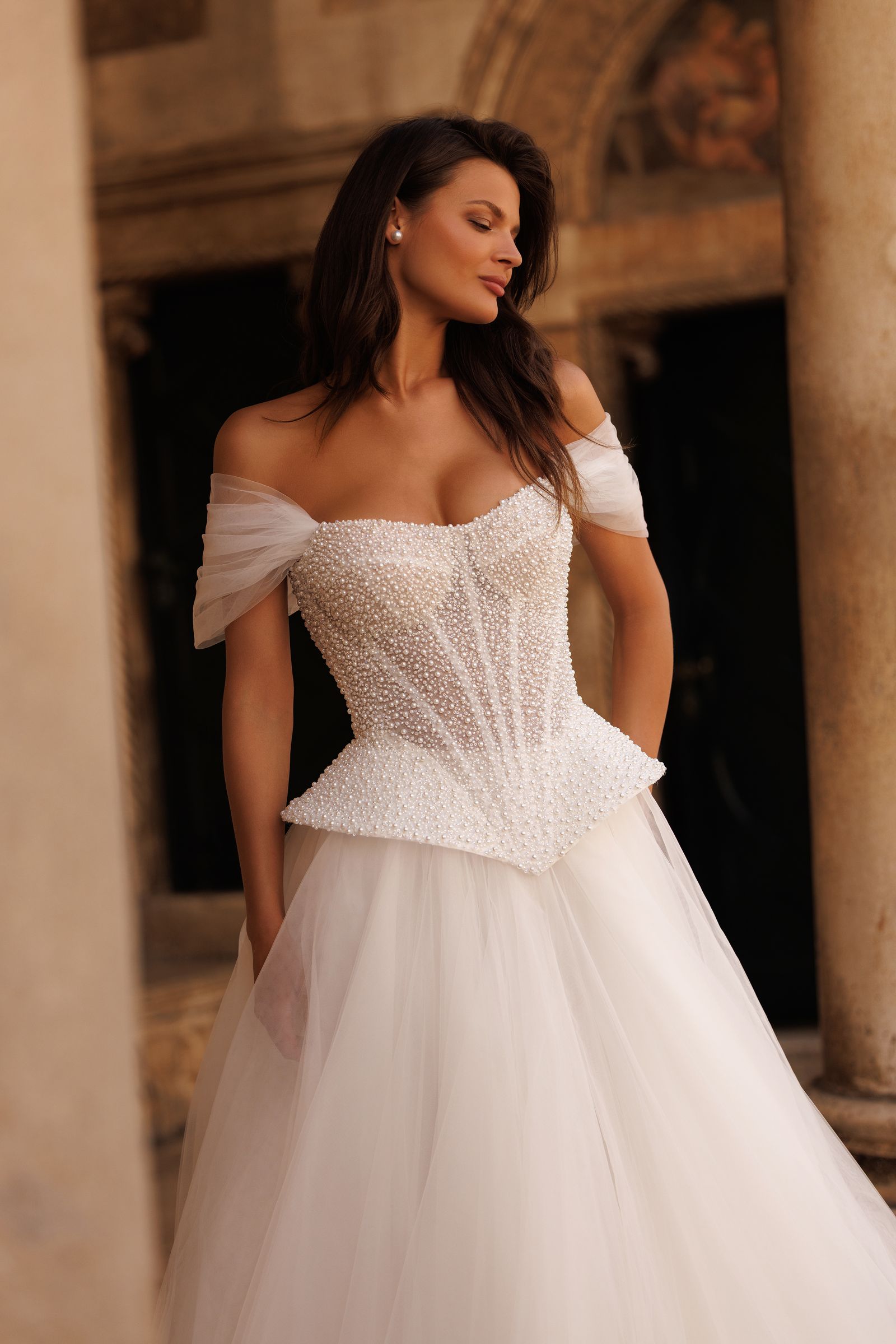 Clarissa wedding dress, front detail view