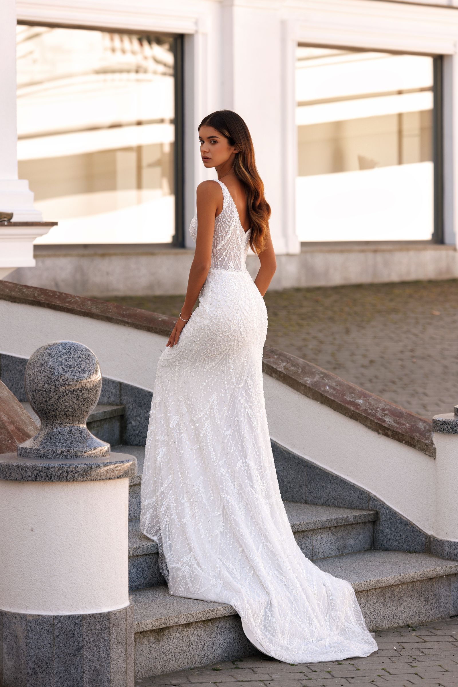 Elisia — sheath wedding dress, back view
