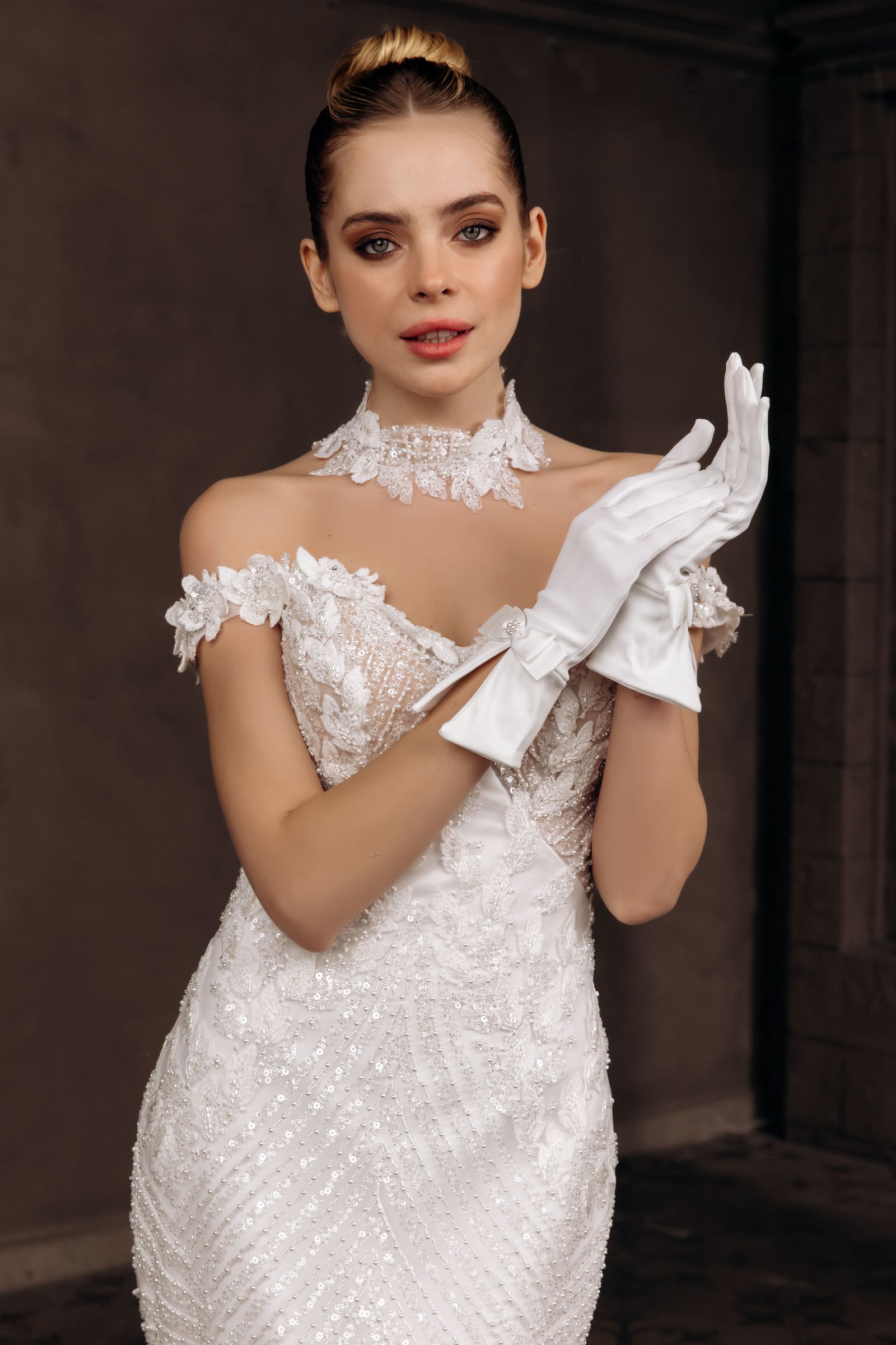 Evelyn wedding dress, front detail view