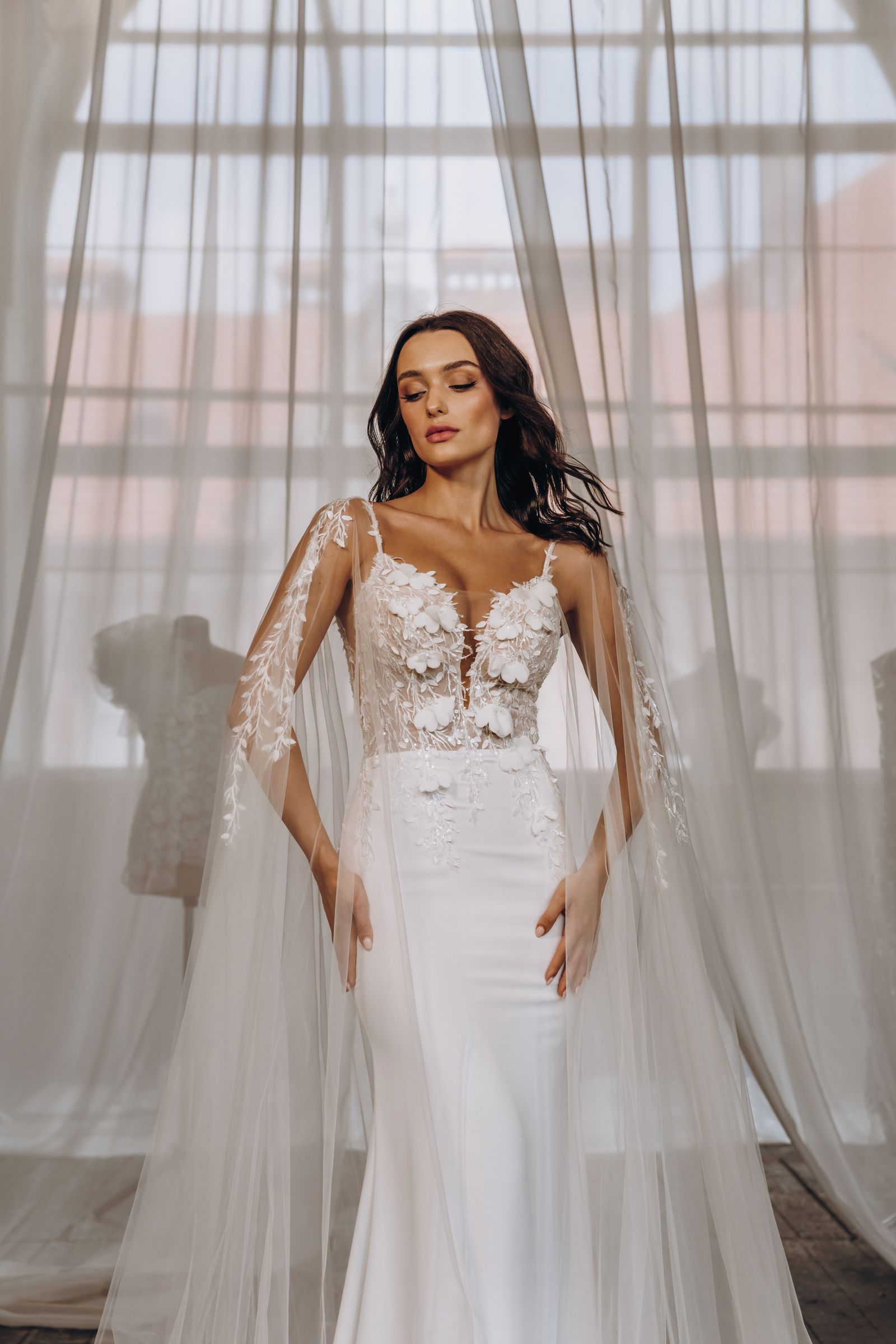 Marine wedding dress, front detail view